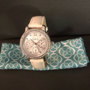 White leather band watch with crystal face NWOT